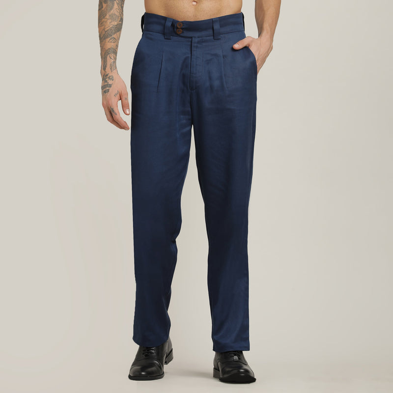Baron Pants - Single Pleated - Loose Fit - Linen Blend - Navy Blue