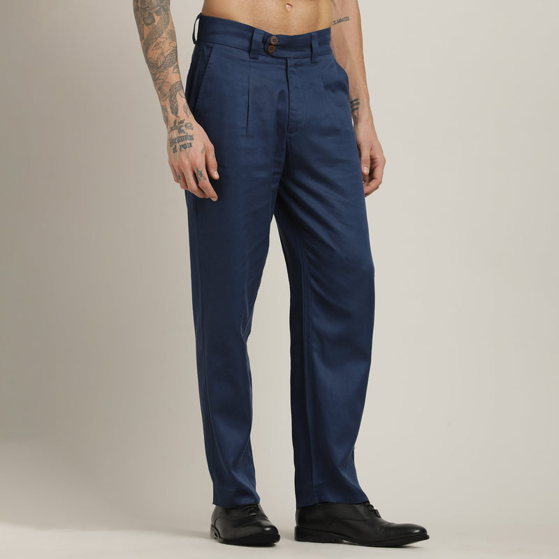 Baron Pants - Single Pleated - Loose Fit - Linen Blend - Navy Blue