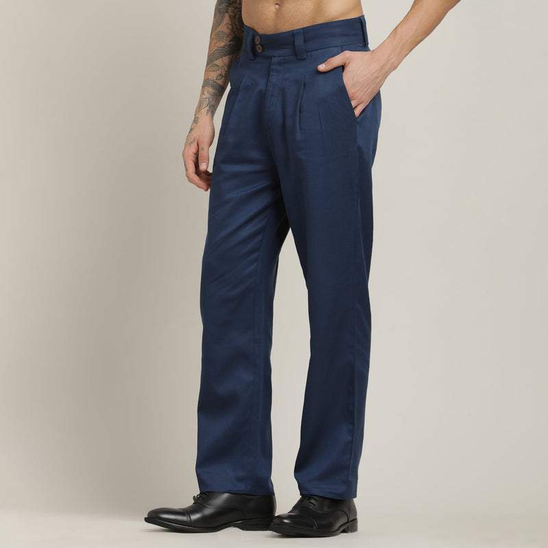 Baron Pants - Single Pleated - Loose Fit - Linen Blend - Navy Blue