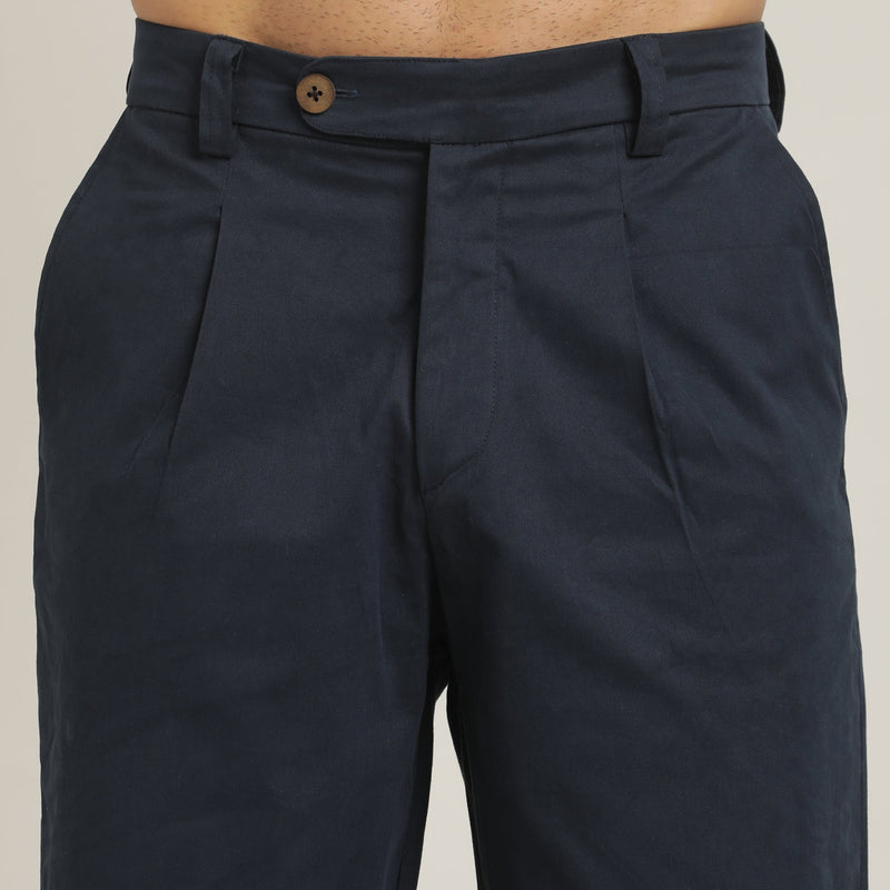 Aruku Pleated Chino Pants - Relaxed Fit - Cotton - Navy Blue