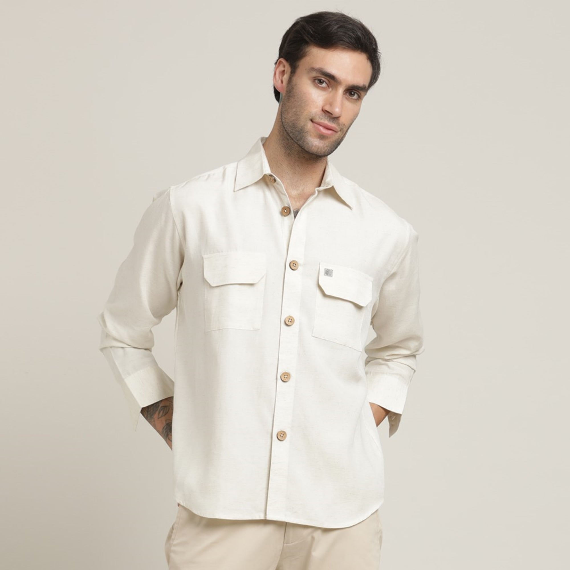 Utility Overshirt - Relaxed fit - Front Flap Pockets - Medium Weight Linen Blend Fabric – Ecru