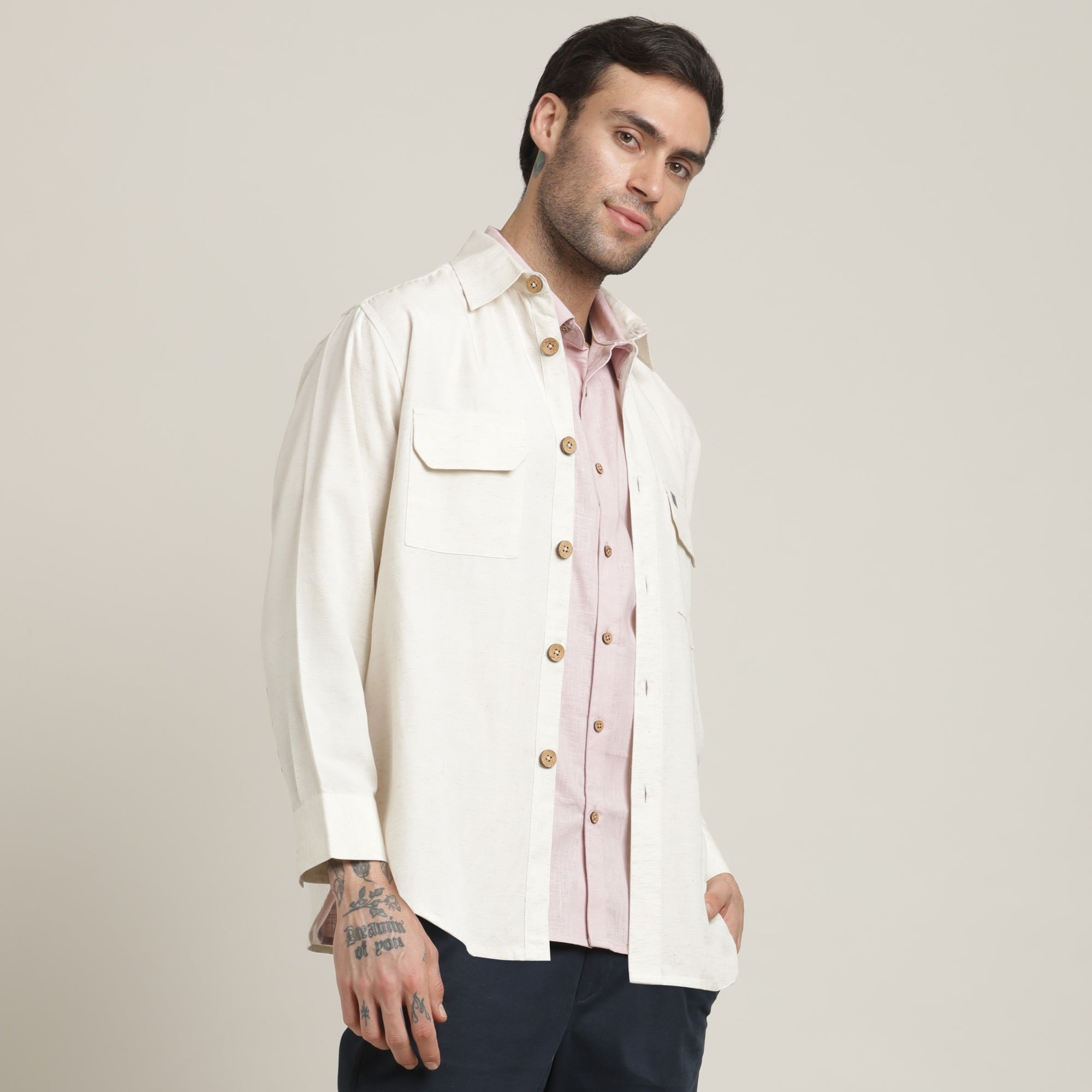 Utility Overshirt - Relaxed fit - Front Flap Pockets - Medium Weight Linen Blend Fabric – Ecru