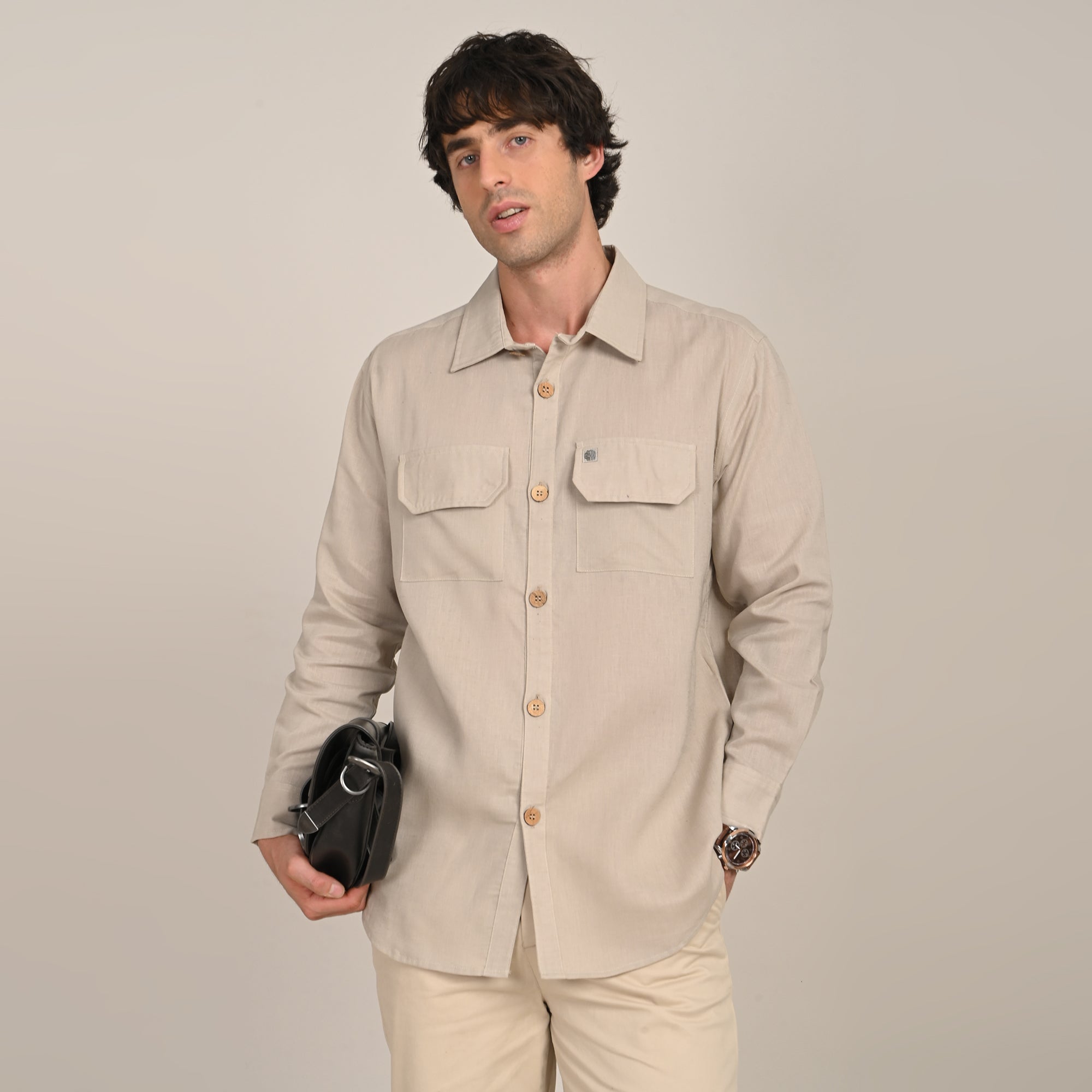 Utility Overshirt - Relaxed fit - Front Flap Pockets - Medium Weight Linen Blend Fabric  Natural Greige