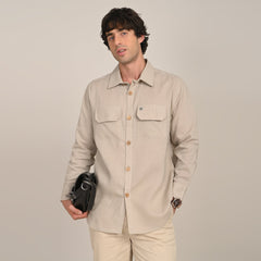 Utility Overshirt - Relaxed fit - Front Flap Pockets - Medium Weight Linen Blend Fabric  Natural Greige