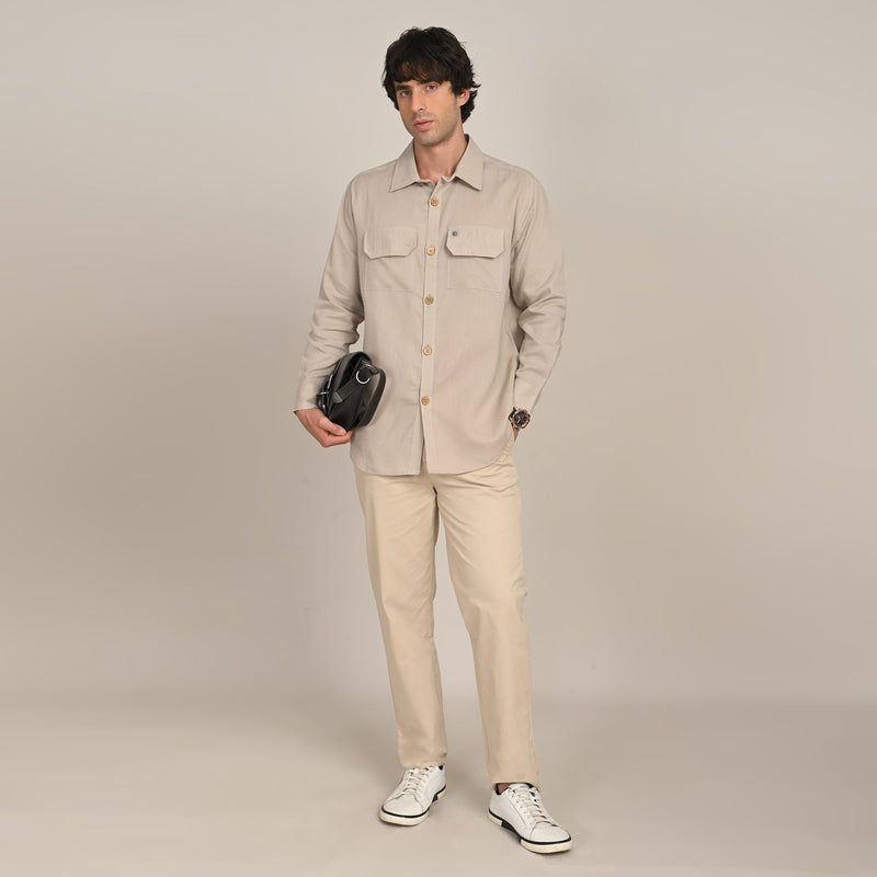 Utility Overshirt - Relaxed fit - Front Flap Pockets - Medium Weight Linen Blend Fabric  Natural Greige
