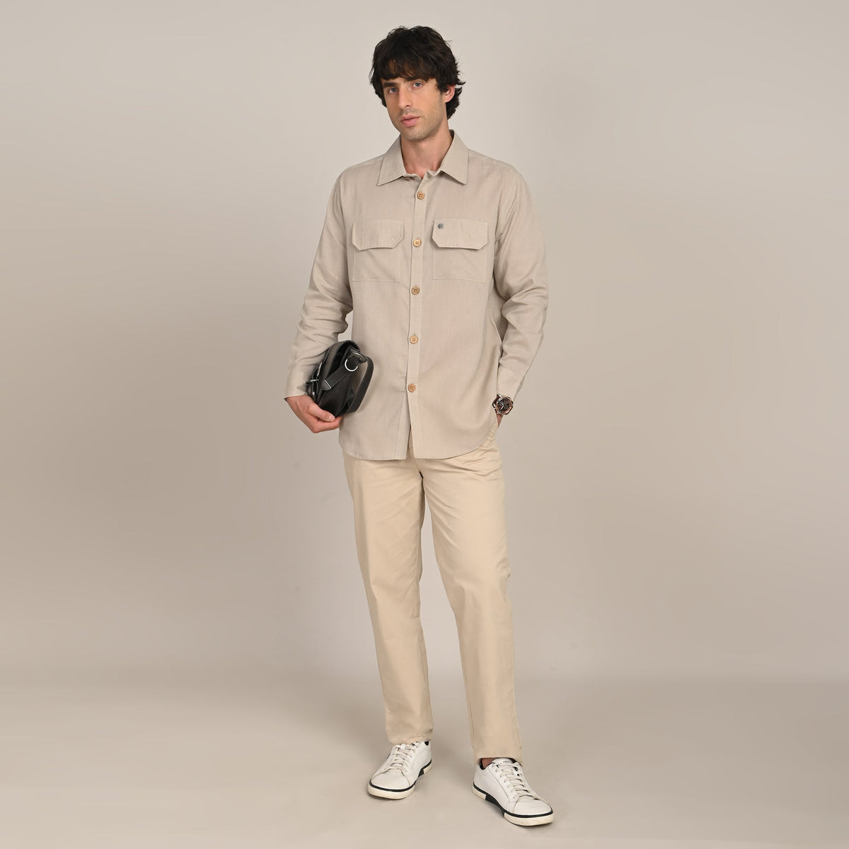Utility Set of 2  Utility Shirt With Front Flap Pockets Paired With Relaxed Fit Straight Leg Chinos  Natural Grey & Beige