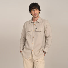 Utility Overshirt - Relaxed fit - Front Flap Pockets - Medium Weight Linen Blend Fabric  Natural Greige