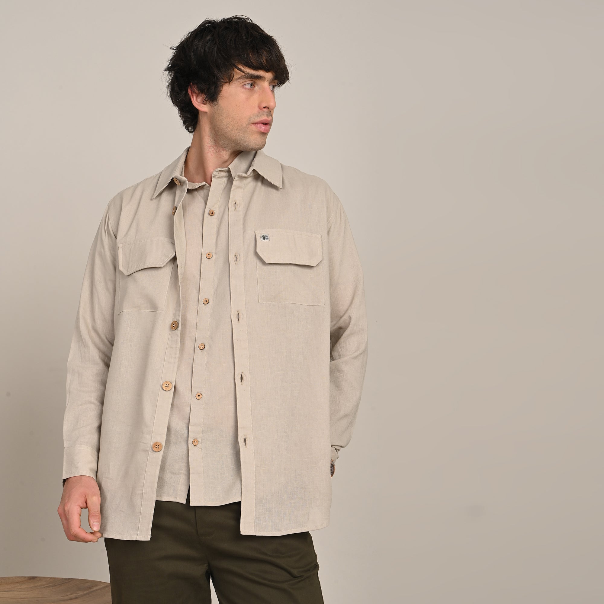 Utility Overshirt - Relaxed fit - Front Flap Pockets - Medium Weight Linen Blend Fabric  Natural Greige