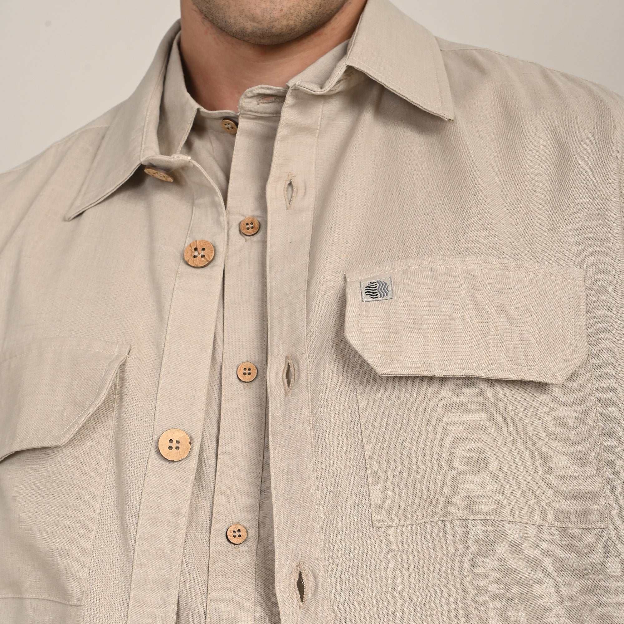 Utility Overshirt - Relaxed fit - Front Flap Pockets - Medium Weight Linen Blend Fabric  Natural Greige