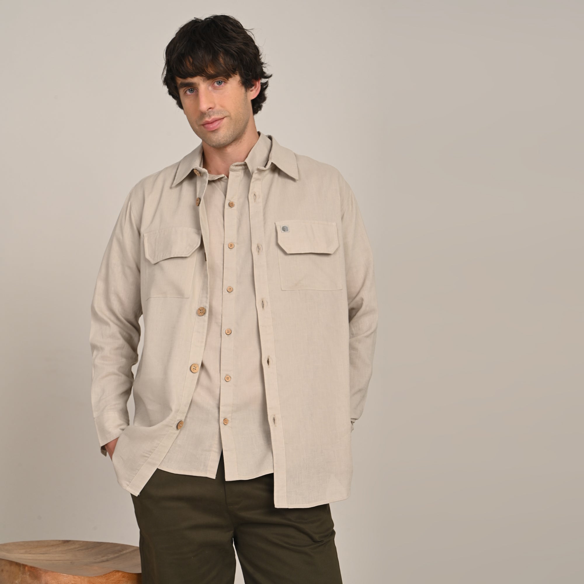 Utility Set of 3  Utility Overshirt, Half-Sleeve Shirt & Relaxed Fit Chinos Natural Grey & Beige