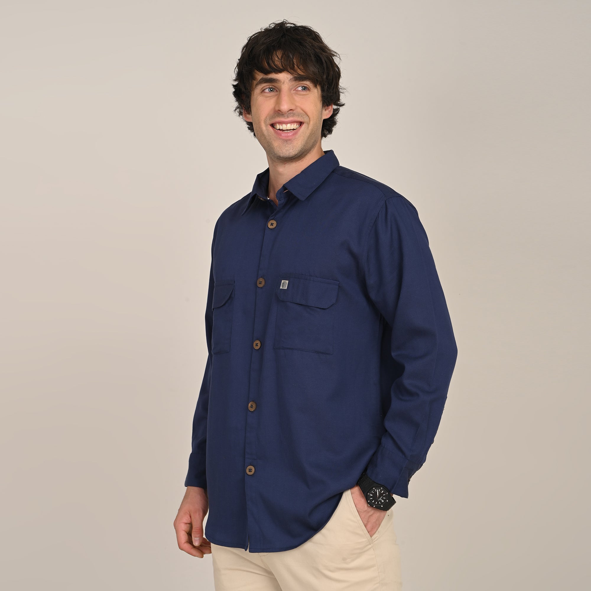 Utility Overshirt - Relaxed fit - Front Flap Pockets - Medium Weight Linen Blend Fabric  Navy Blue