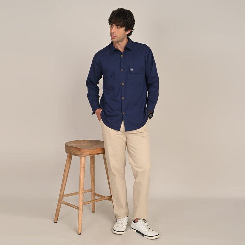 Utility Set of 2 - Utility Shirt With Front Flap Pockets Paired With Relaxed Fit Straight Leg Chinos  Navy Blue & Beige