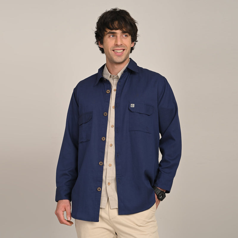 Utility Overshirt - Relaxed fit - Front Flap Pockets - Medium Weight Linen Blend Fabric  Navy Blue