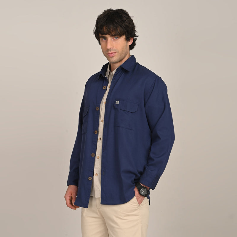 Utility Set of 2 - Utility Shirt With Front Flap Pockets Paired With Relaxed Fit Straight Leg Chinos  Navy Blue & Beige