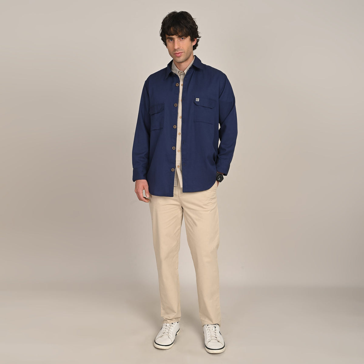 Utility Set of 3  Utility Overshirt, Half-Sleeve Shirt & Relaxed Fit Chinos  Navy Blue, Natural Grey & Beige