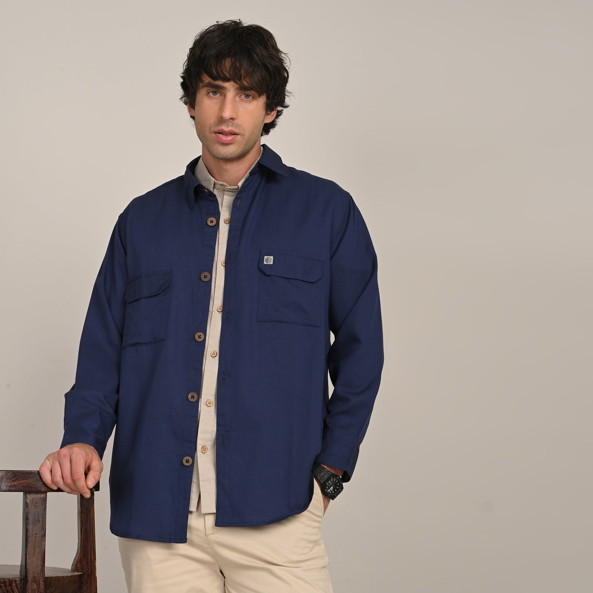 Utility Set of 2  Utility Shirt With Front Flap Pockets Paired With Relaxed Fit Straight Leg Chinos  Navy Blue & Beige