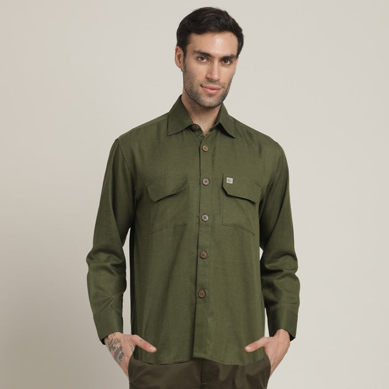 Utility Overshirt - Relaxed fit - Front Flap Pockets - Medium Weight Linen Blend Fabric – Olive Green