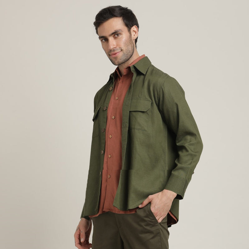 Utility Overshirt - Relaxed fit - Front Flap Pockets - Medium Weight Linen Blend Fabric – Olive Green