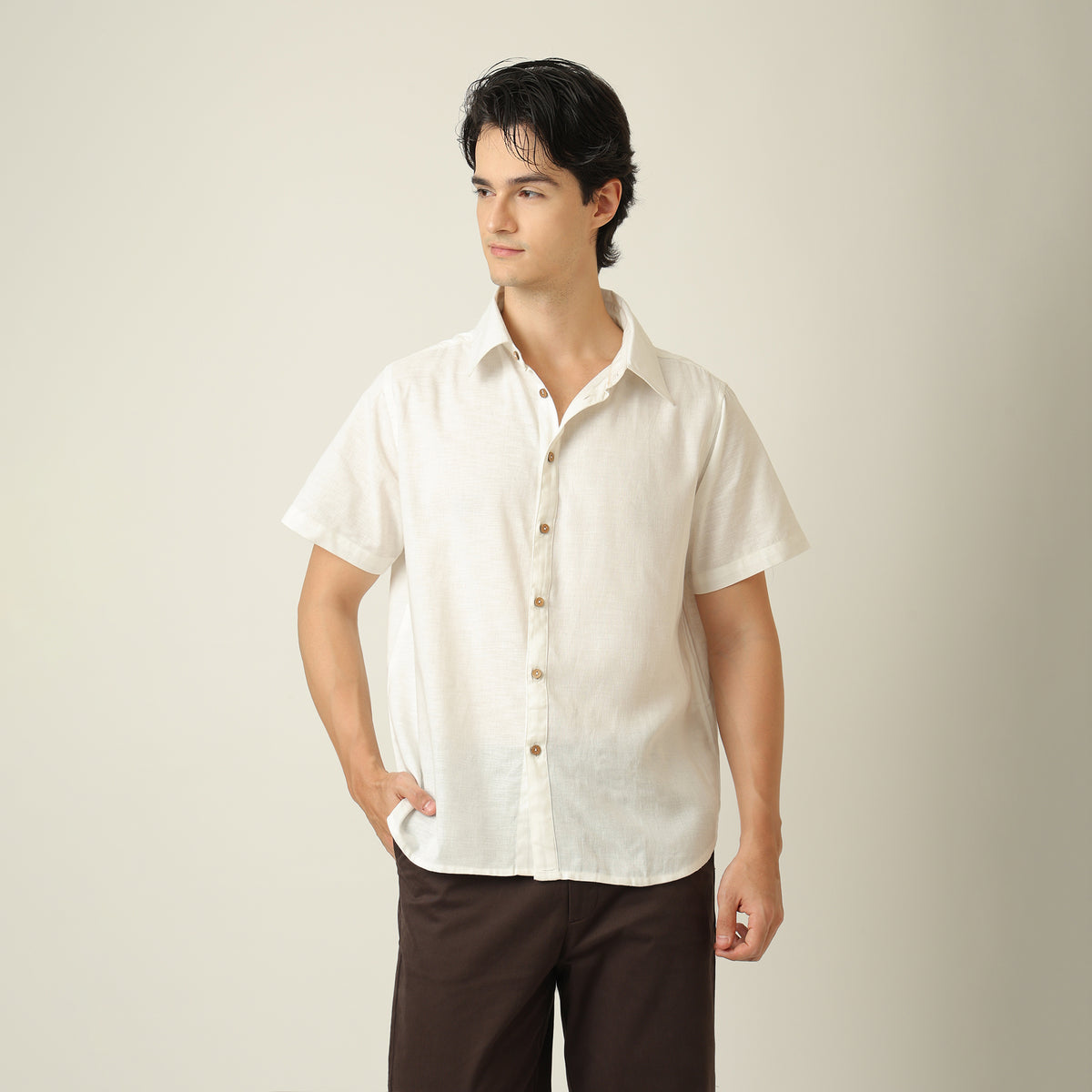 Summer Shirt - Relaxed Fit - Semi-Spread Collar - Linen Blend - Ecru
