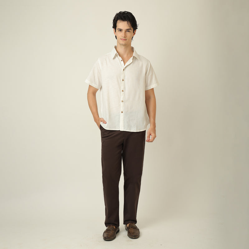 Summer Set Of 2 - Semi-Spread Collar  Half Sleeve Shirt & Relaxed Fit Aruku Chinos – Ecru & Coffee Brown