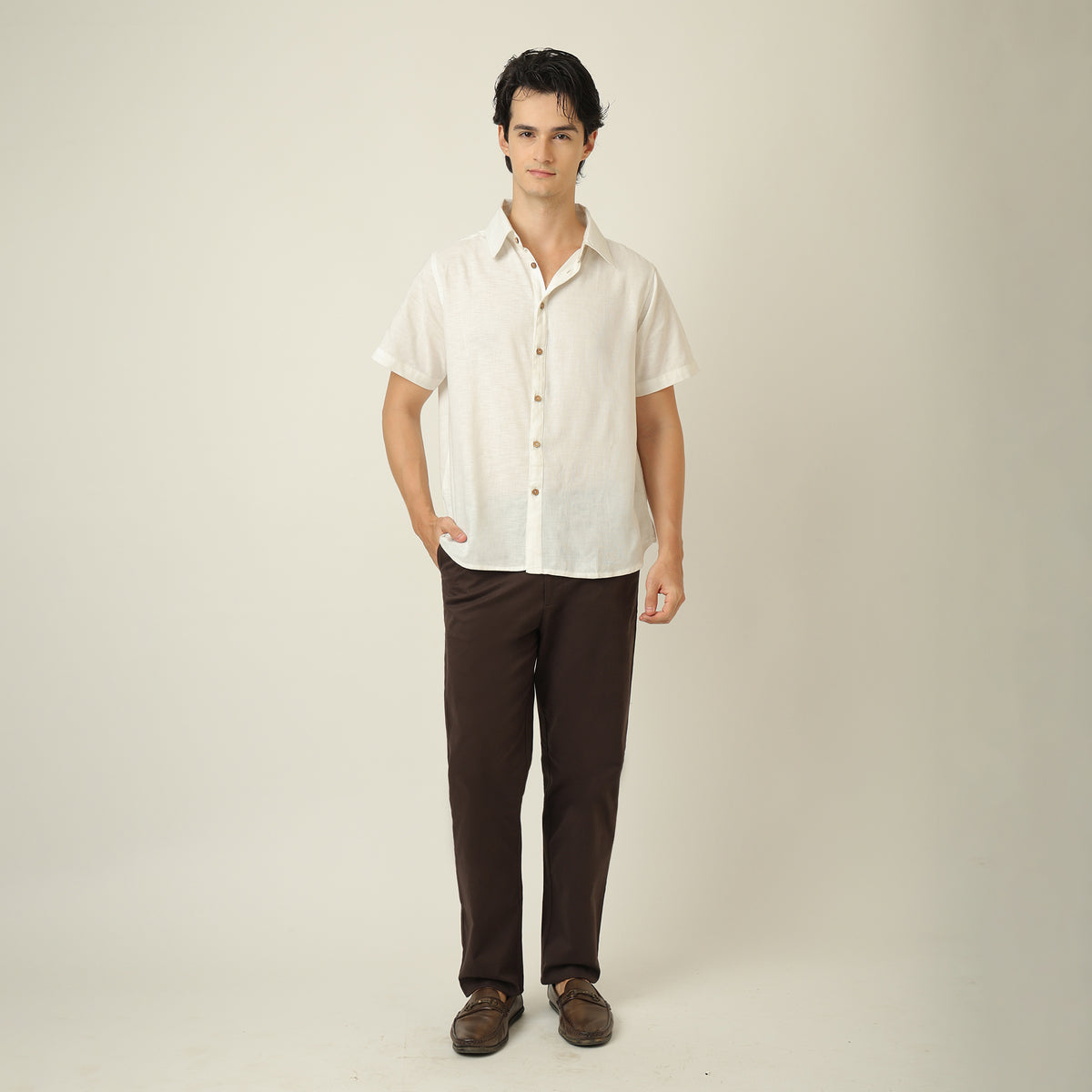 Summer Set Of 2 - Semi-Spread Collar  Half Sleeve Shirt & Relaxed Fit Aruku Chinos – Ecru & Coffee Brown