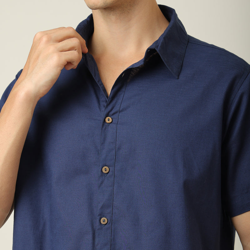 Summer Shirt - Relaxed Fit - Semi-Spread Collar - Linen Blend - Navy Blue