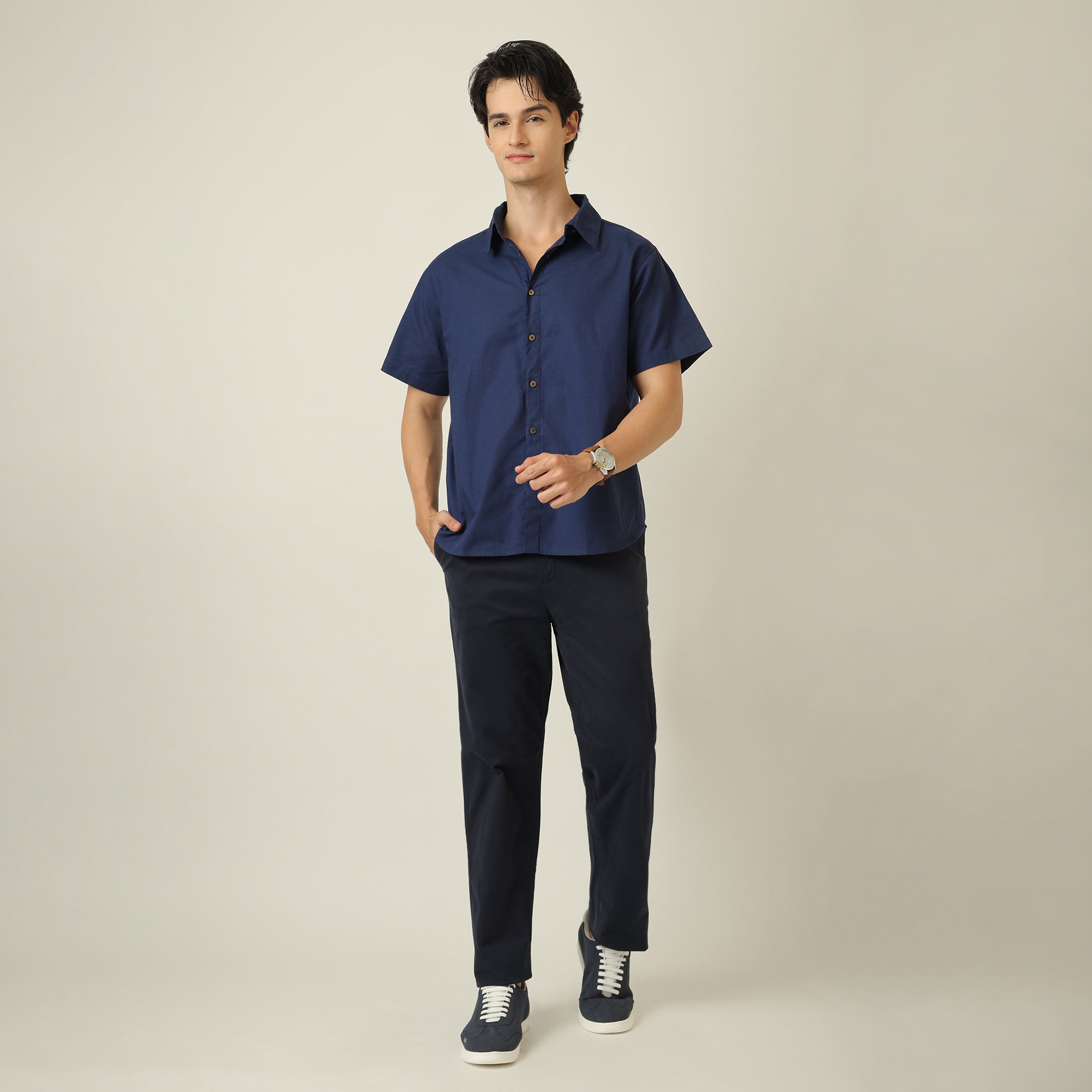 Summer Set Of 2 - Semi-Spread Collar  Half Sleeve Shirt & Relaxed Fit Aruku Chinos –  Navy Blue