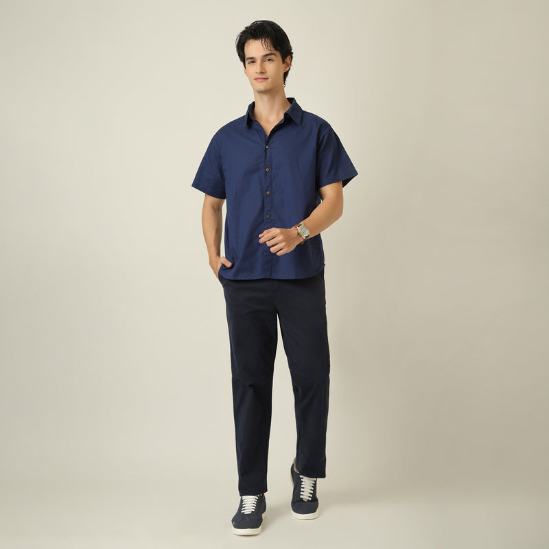 Summer Set Of 2 - Semi-Spread Collar  Half Sleeve Shirt & Relaxed Fit Aruku Chinos –  Navy Blue