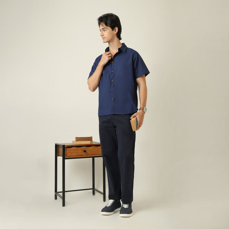 Summer Set Of 2 - Semi-Spread Collar  Half Sleeve Shirt & Relaxed Fit Aruku Chinos –  Navy Blue