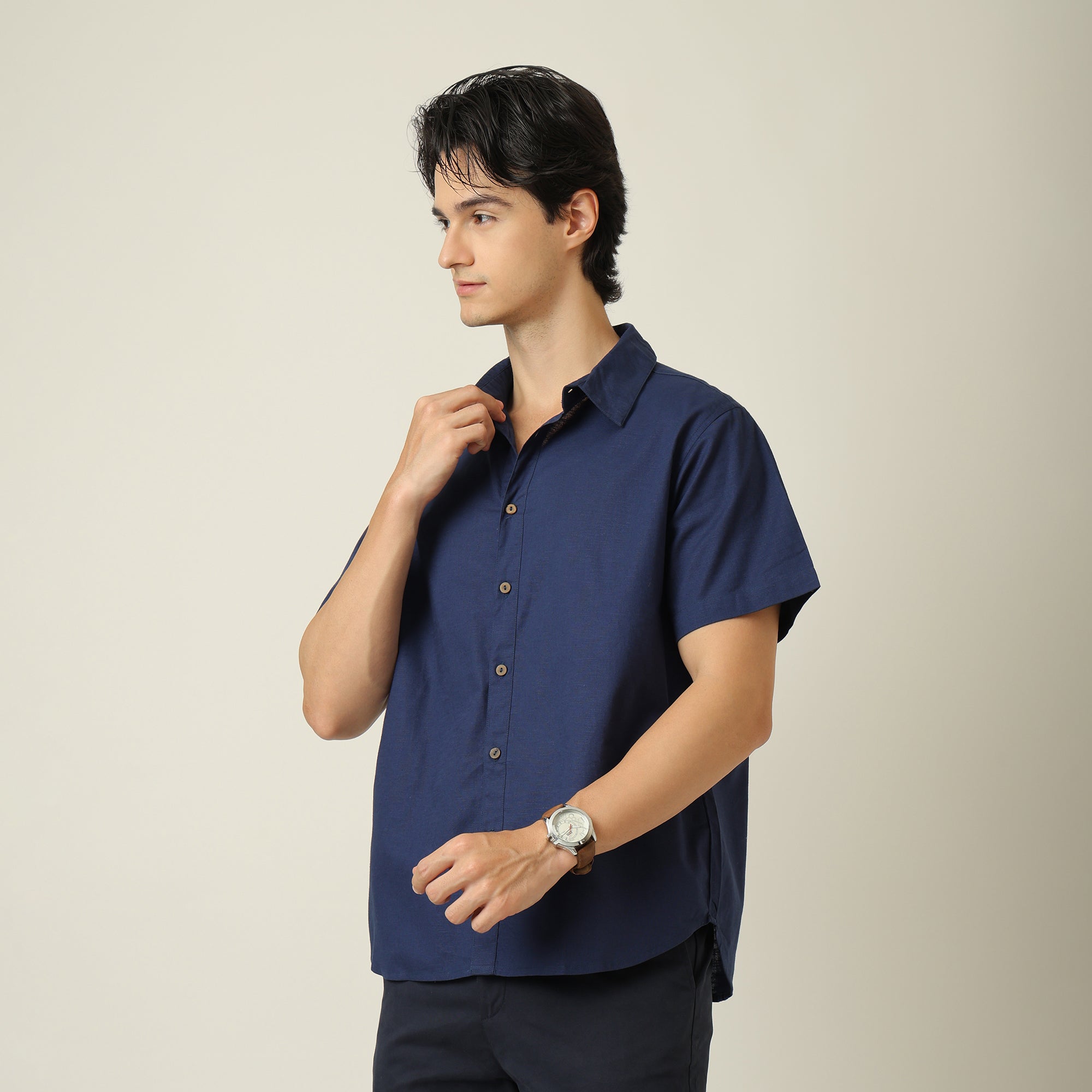 Summer Shirt - Relaxed Fit - Semi-Spread Collar - Linen Blend - Navy Blue