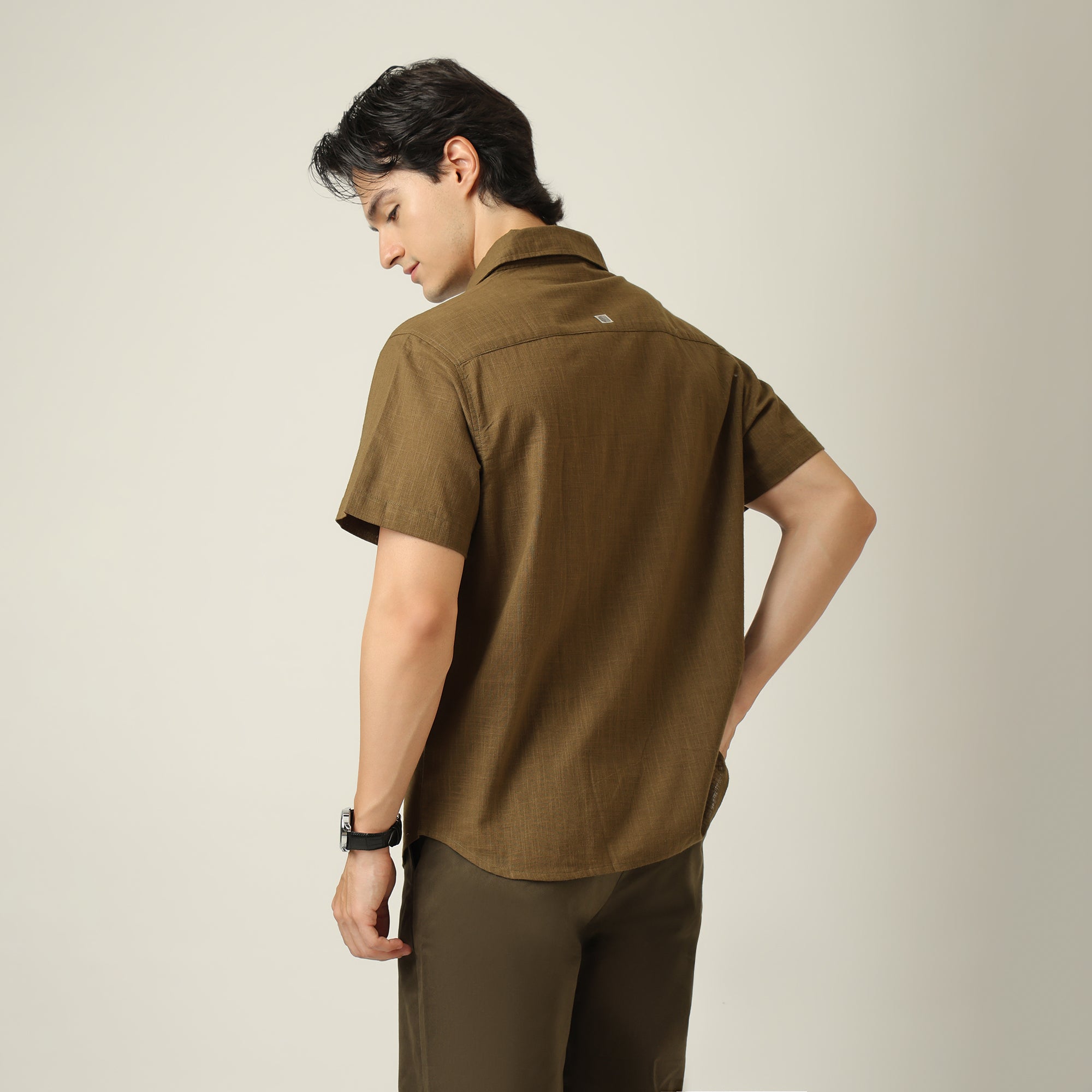 Summer Shirt - Relaxed Fit - Semi-Spread Collar - Linen Blend - Olive Green