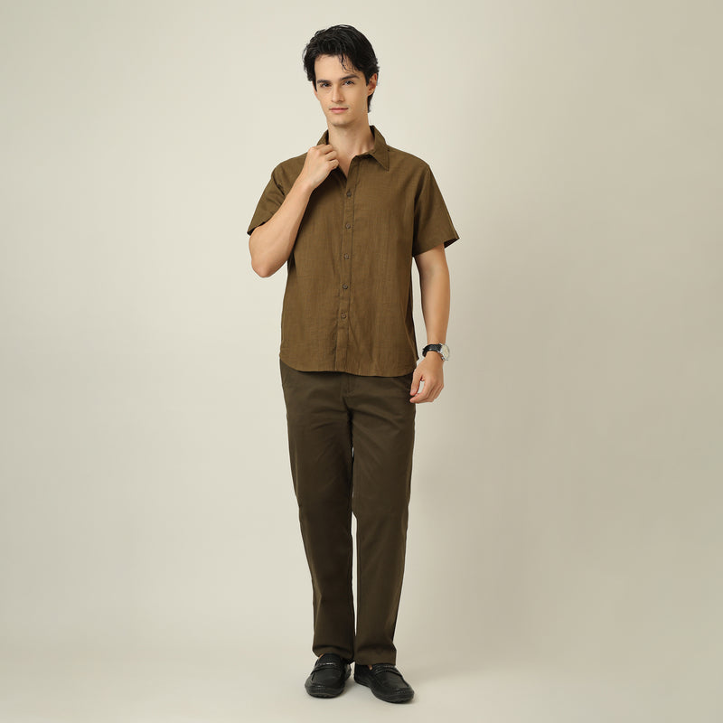 Summer Shirt - Relaxed Fit - Semi-Spread Collar - Linen Blend - Olive Green