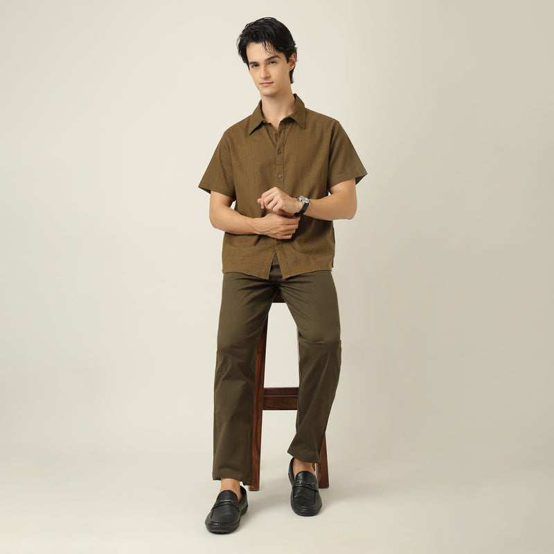 Summer Set Of 2 - Semi-Spread Collar  Half Sleeve Shirt & Relaxed Fit Aruku Chinos – Olive Green