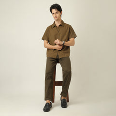Summer Set Of 2 - Semi-Spread Collar  Half Sleeve Shirt & Relaxed Fit Aruku Chinos – Olive Green
