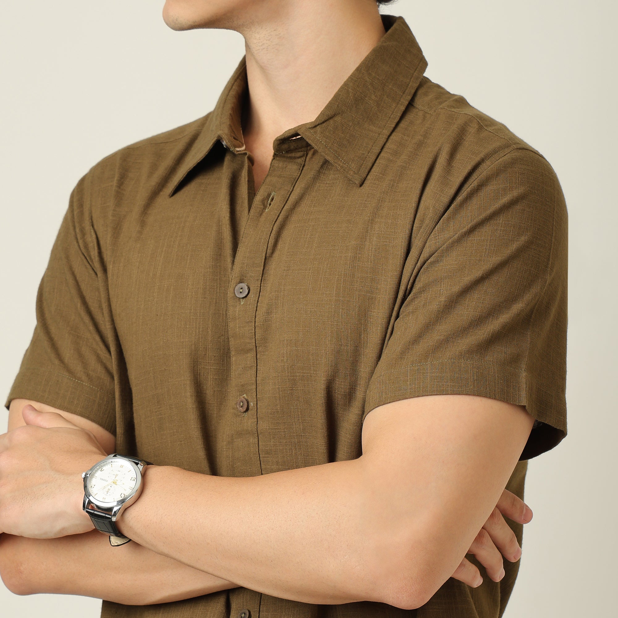 Summer Shirt - Relaxed Fit - Semi-Spread Collar - Linen Blend - Olive Green