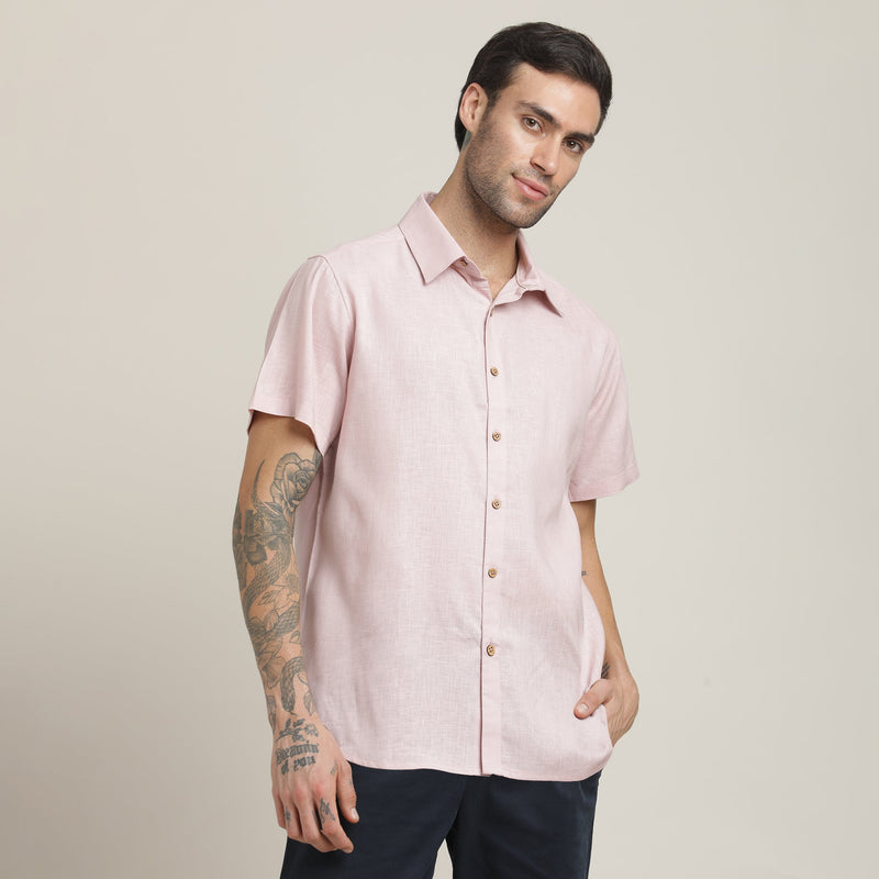 Summer Set Of 2 - Semi-Spread Collar  Half Sleeve Shirt & Relaxed Fit Pleated Chinos – Pastel Pink & Navy Blue