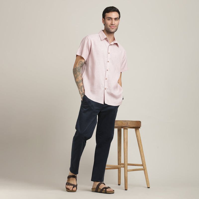 Summer Set Of 2 - Semi-Spread Collar  Half Sleeve Shirt & Relaxed Fit Pleated Chinos – Pastel Pink & Navy Blue