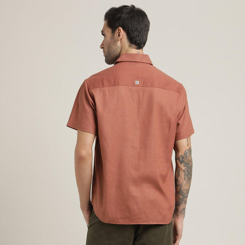 Summer Shirt - Relaxed Fit - Semi-Spread Collar - Linen Blend – Terracotta Brown