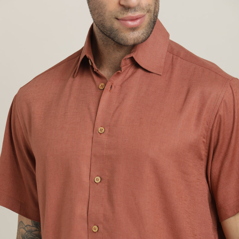 Summer Shirt - Relaxed Fit - Semi-Spread Collar - Linen Blend – Terracotta Brown
