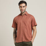 Summer Shirt - Relaxed Fit - Semi-Spread Collar - Linen Blend – Terracotta Brown