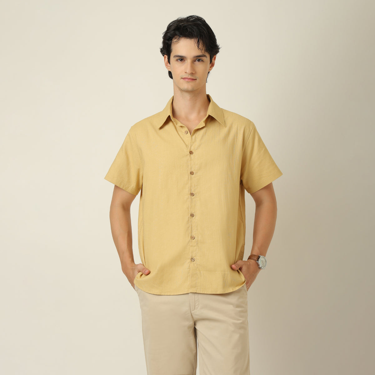 Summer Shirt - Relaxed Fit - Semi-Spread Collar - Linen Blend - Yellow