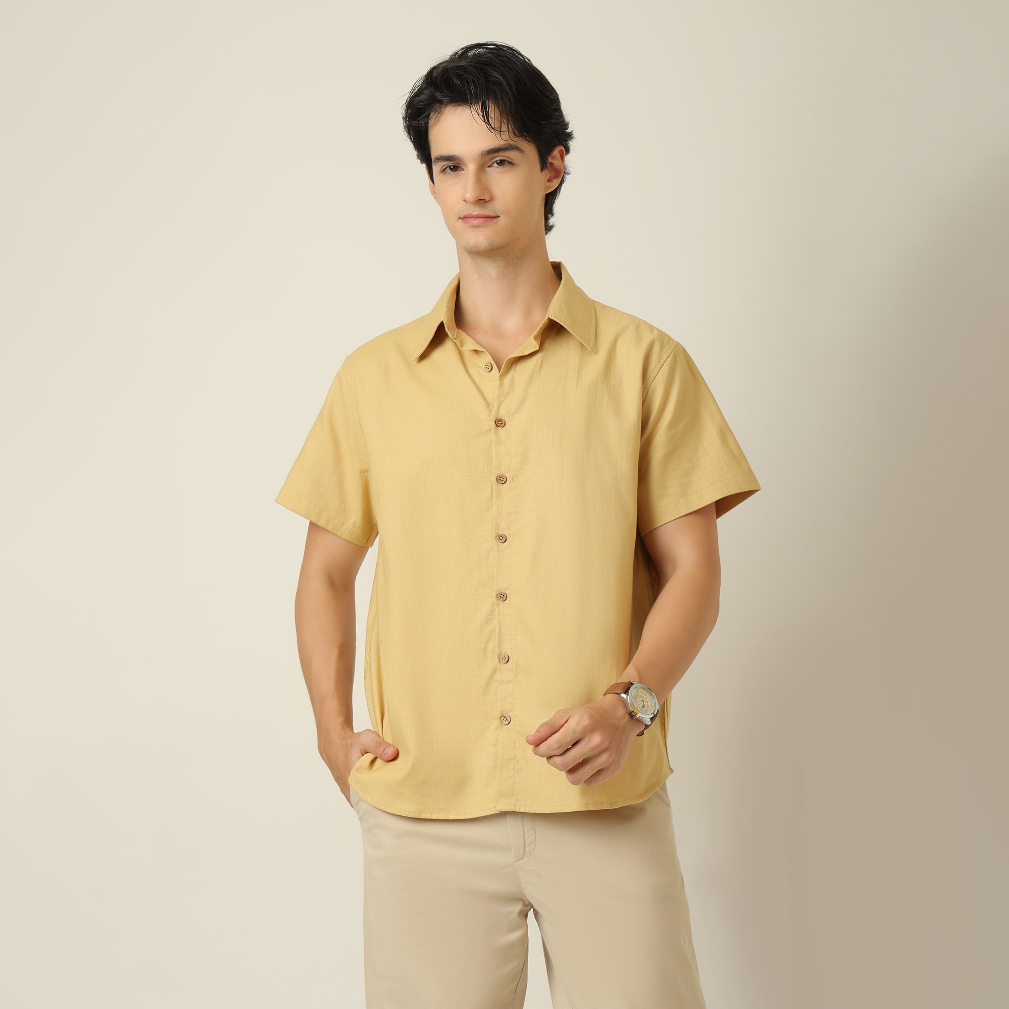 Summer Shirt - Relaxed Fit - Semi-Spread Collar - Linen Blend - Yellow
