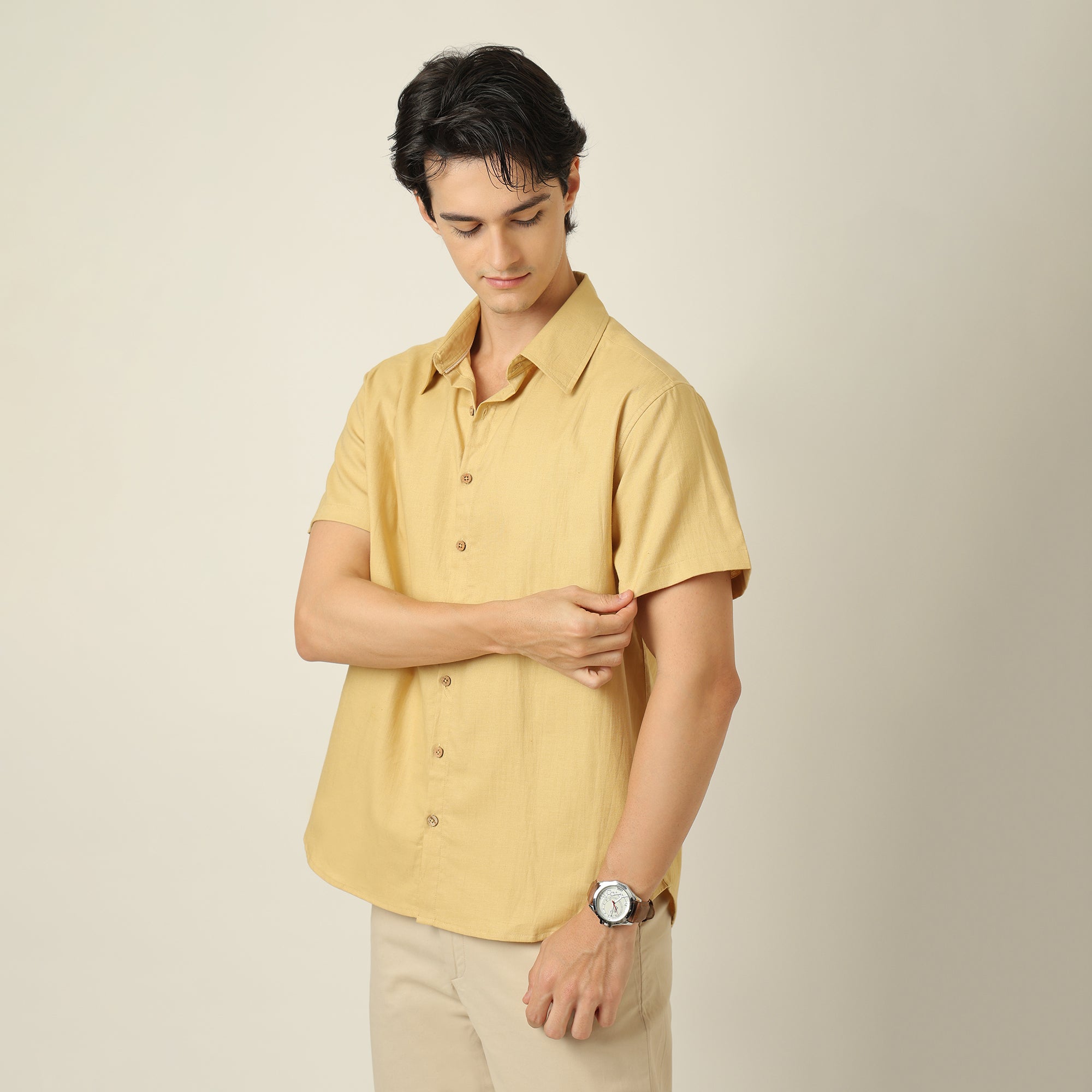 Summer Shirt - Relaxed Fit - Semi-Spread Collar - Linen Blend - Yellow
