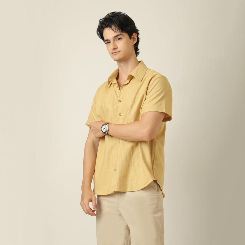 Summer Shirt - Relaxed Fit - Semi-Spread Collar - Linen Blend - Yellow