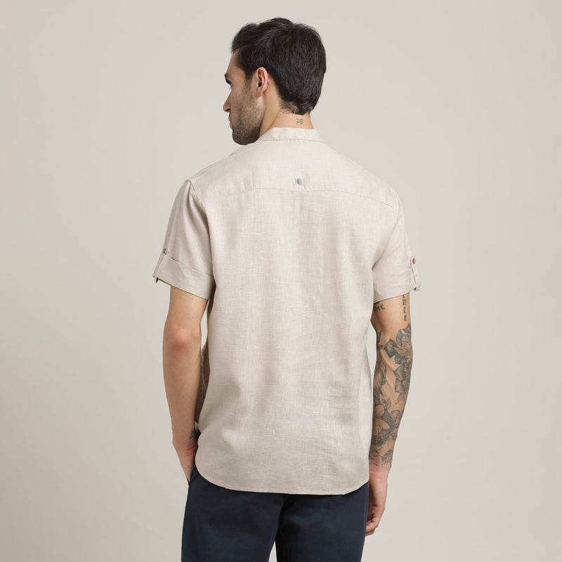 Drifter Shirt - Relaxed Fit - Mandarin Collar - Roll-Up Sleeves With Tabs - Cotton Linen – Natural Grey