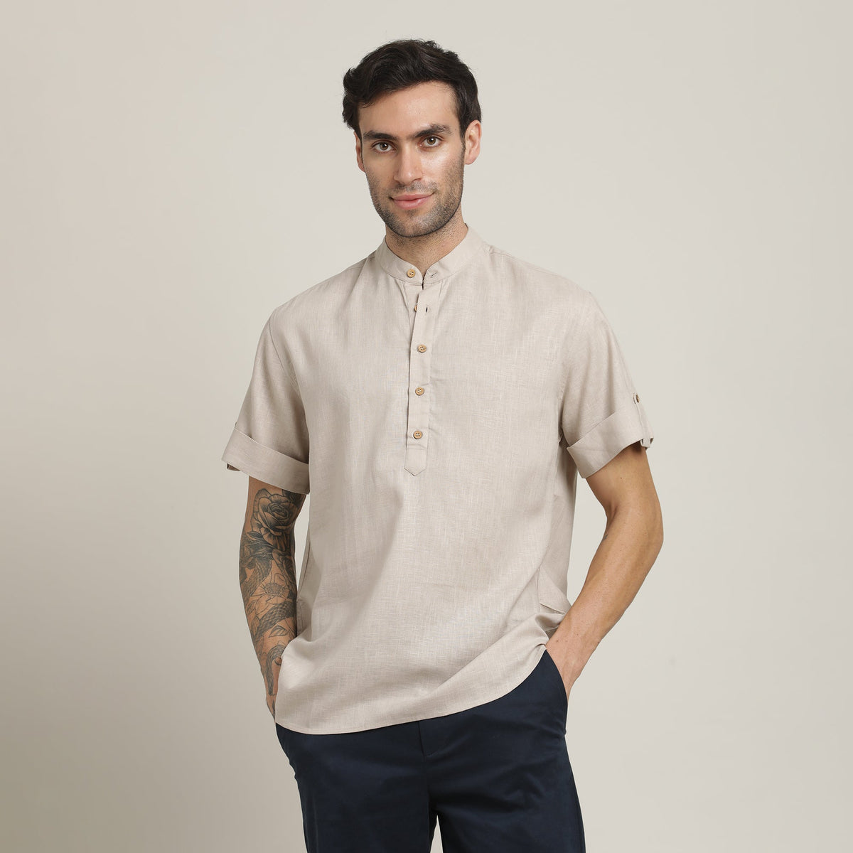 Drifter Shirt - Relaxed Fit - Mandarin Collar - Roll-Up Sleeves With Tabs - Cotton Linen – Natural Grey