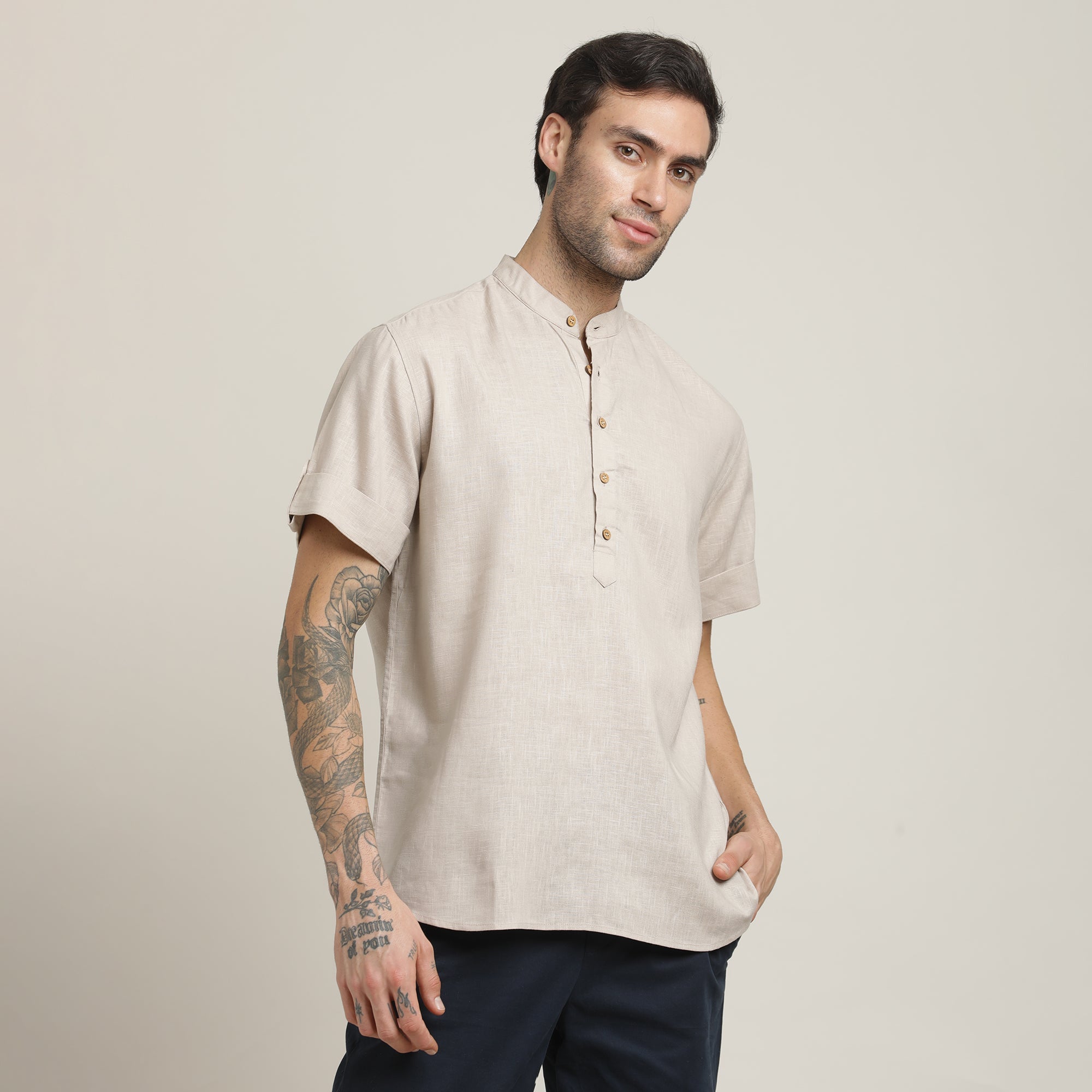 Drifter Shirt - Relaxed Fit - Mandarin Collar - Roll-Up Sleeves With Tabs - Cotton Linen – Natural Grey