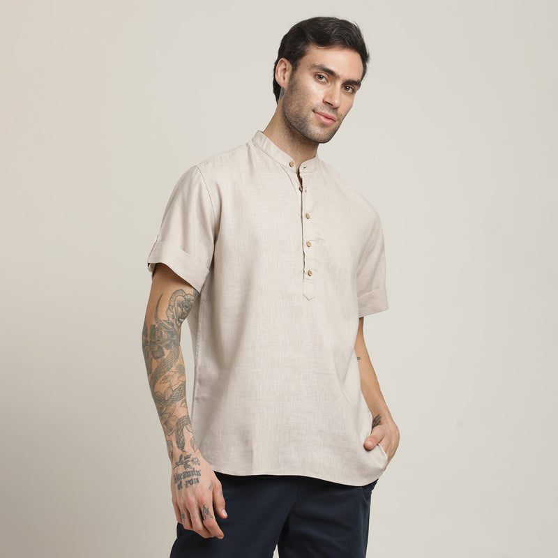 Drifter Shirt - Relaxed Fit - Mandarin Collar - Roll-Up Sleeves With Tabs - Cotton Linen – Natural Grey