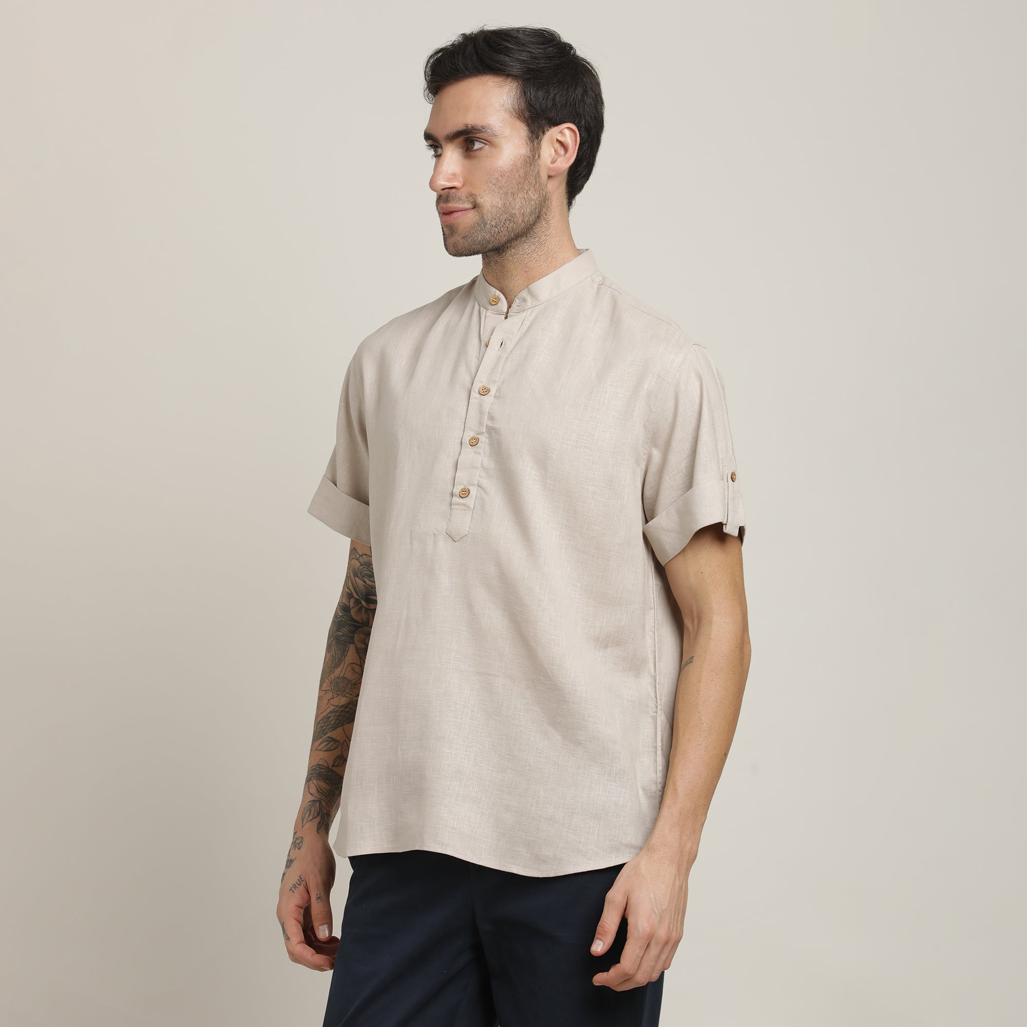 Drifter Shirt - Relaxed Fit - Mandarin Collar - Roll-Up Sleeves With Tabs - Cotton Linen – Natural Grey