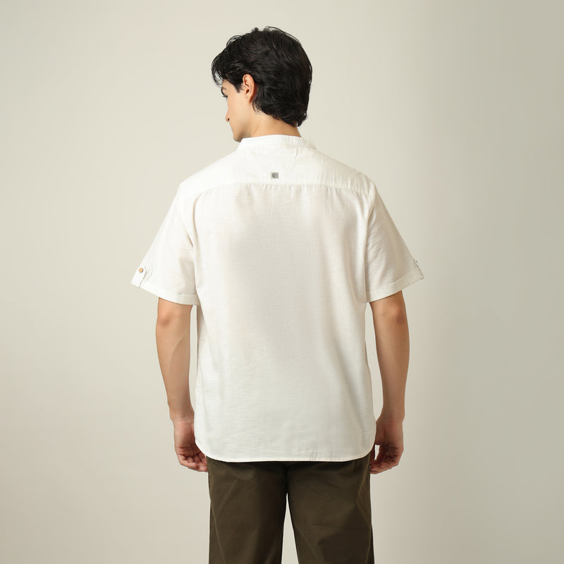 Drifter Shirt - Relaxed Fit - Mandarin Collar - Roll-Up Sleeves With Tabs - Cotton Linen - Ecru